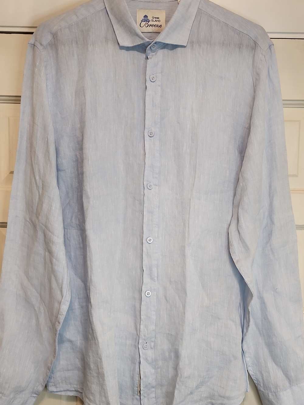 GREEK ISLAND Breeze Light Blue 100% Linen Button-Down Long SLEEVE Shirt